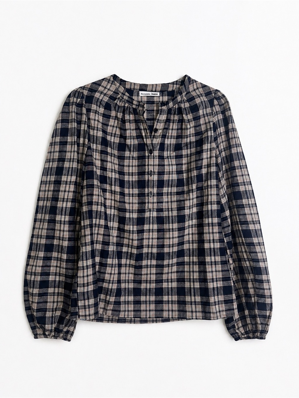 Reformation Navy and Cream Plaid Button-Up Peasant Blouse